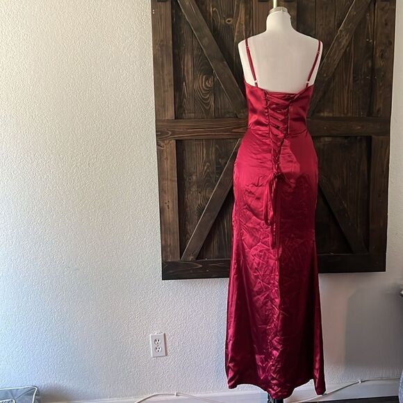 New Wedding dress Satin COWL NECK RED GOWN FRONT Split back lace up gown - Picture 8 of 13